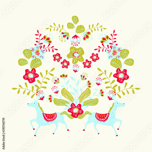 Vector symmetrical illustration with folklore elements. fabulous horses, flowers and plants in a decorative composition. Russian and Slavic folk art.