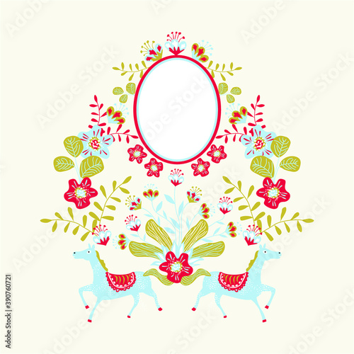 Vector symmetrical illustration with folklore elements. fabulous horses, flowers and plants in a decorative composition. Russian and Slavic folk art.