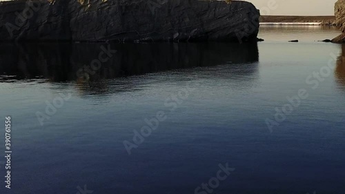 Aerial landscape in summer of Arctic Ocean on desert Novaya Zemlya and lonely abandoned world of wildlife and nature of quiet north. photo