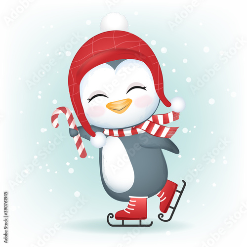 Cute penguin on ice skates, Christmas season illustration.