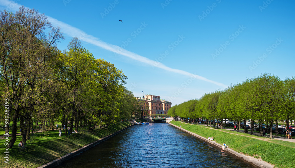 Summer or spring park canal pond landscape. Streets and canals in the historical center of Saint Petersburg, Russia.