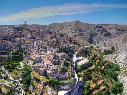 Aerial view of the Bocairent Municipality in Spain surrounded by mountains photo
