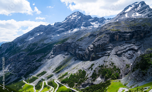 Italy, Stelvio National Park. Famous road to Stelvio Pass in Ortler Alps. Alpine landscape. Panoramic view. photo