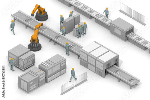 Introduce a robot. Increase productivity. A man working in a factory. Many employees.