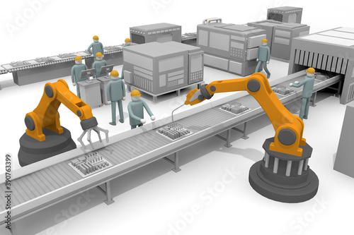Operate the robot. Assembly line assembly. A person who works in a factory. Make electronic devices.