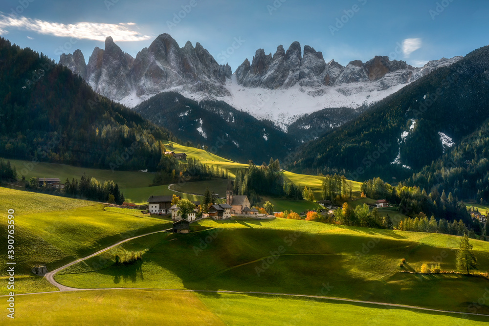 Santa Magdalena, a charming village in the Italian Alps, Dolomites