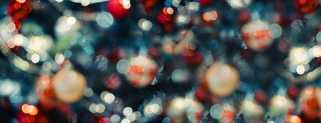 merry christmas and happy new year word on abstract bokeh of  ball and string lights on xmas tree.holiday celebration greeting card