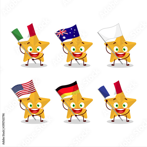 New yellow stars cartoon character bring the flags of various countries