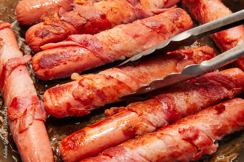 Photography Bacon Wrapped Sausages Ready for Delicious Hot Dogs