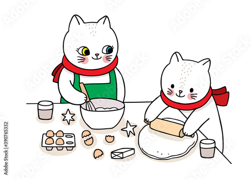 Hand draw cartoon cute Merry Christmas, Mother and kid cats cooking cookies vector.