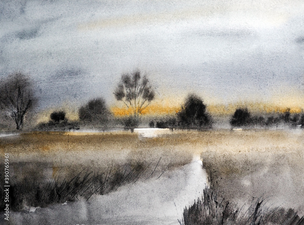 watercolor nature and landscape with tree and sunset watercolor nature and landscape with tree and sunset