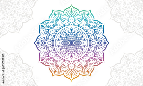 Gradient colorful mandala background with floral ornament pattern. Hand drawn mandala design. Vector mandala template for decoration invitation, cards, wedding, logos, cover, brochure, flyer, banner.