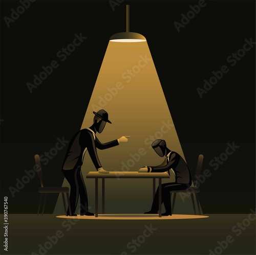 Criminal man introgration in dark room with spotlight. detective police with suspected concept illustration vector