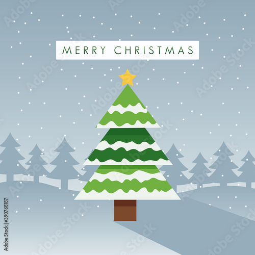 happy merry christmas green tree with snow in winter scene