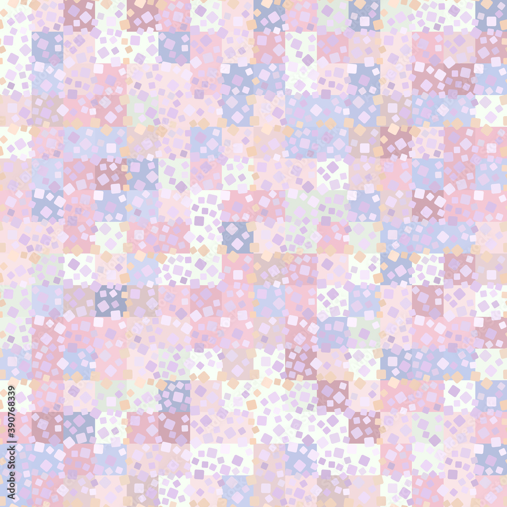 Chaotic rounded squares that form a checkered pattern, against a background of multi-colored rows of squares. Spring colors. Seamless pattern.