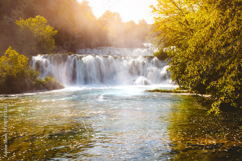 Summer view of Skradinski buk most popular waterfall in Krka National Park.