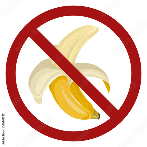 An open cartoon banana in red prohibition sign. Danger of allergies from tropical fruits. Ban food. Vector flat forbidden sign for stickers, badges and your design.