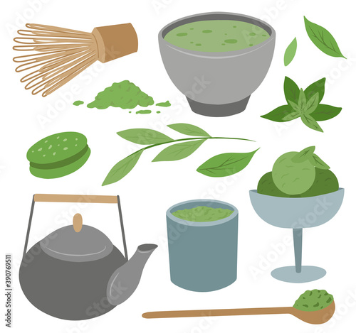 Japanese powdered green tea matcha set. Food additive for ice cream, cookies. Green leaves, various cups, whisk and spoon. Vector flat set for menus, recipes, banners and your creativity.