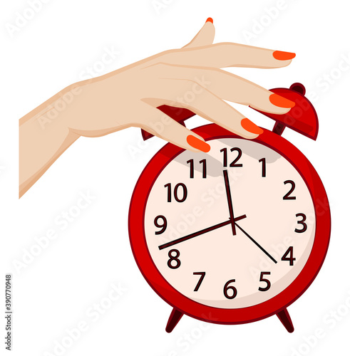 woman hand turns off the alarm. Fatigue and insomnia. Time to wake up concept. Cartoon vector