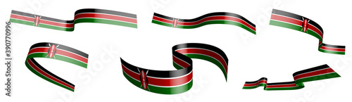 Set of holiday ribbons. Kenya flag waving in wind. Separation into lower and upper layers. Design element. Vector on white background