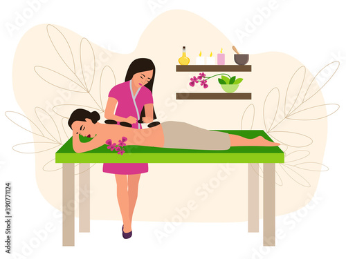 Hot stone massage concept. tender vector illustration in cartoon style