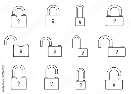 set of open and closed locks on white background. Isolated vector
