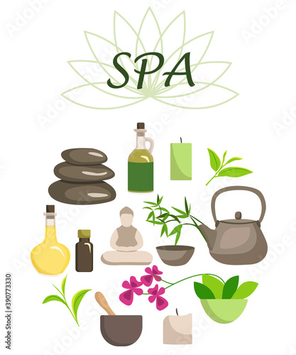 SPA collection. delicate thai set for relaxation. The set includes essential and vegetable oils, bamboo leaves, tea leaves, hot stones, a Chinese teapot and cup, candles, orchid, Buddha figurine. 