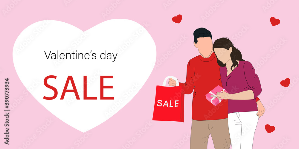 Valentine's Day Sale Promotion Web Banner. Couple in shopping. Young man surprised his girlfriend with a present for Valentine's day. Relationships, love, dating Valentine's Day Sale Promotion Web Banner. Couple in shopping. Young man surprised his girlfriend with a present for Valentine's day. Relationships, love, dating