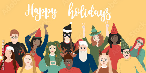 Christmas and Happy New Year illustration with people in carnival costumes. Trendy retro style. Vector design template.