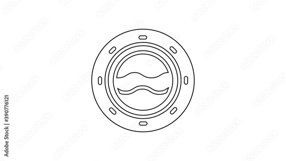 Black line Ship porthole with rivets and seascape outside icon isolated on white background. 4K Video motion graphic animation Black line Ship porthole with rivets and seascape outside icon isolated on white background. 4K Video motion graphic animation
