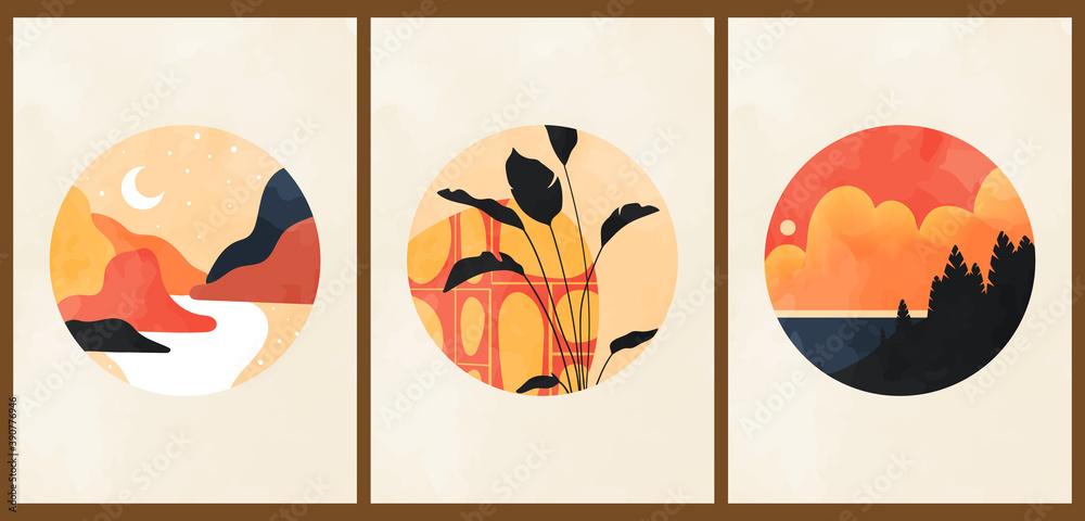 A set of three colorful aesthetic backgrounds. Minimalist social media posters in pastel colors. Vintage watercolor illustrations with mountain landscape, moon, plants, fir trees, clouds, sun, lake.