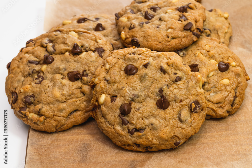 Chocolate chip cookies with pine nuts. Homemade old-fashioned Chocolate Chip Cookies close up. American cuisine, dessert