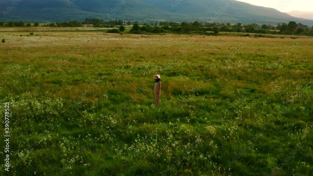 aerial view woman posing on the meadow with summer flowers beautiful mountains landscape at sunrise