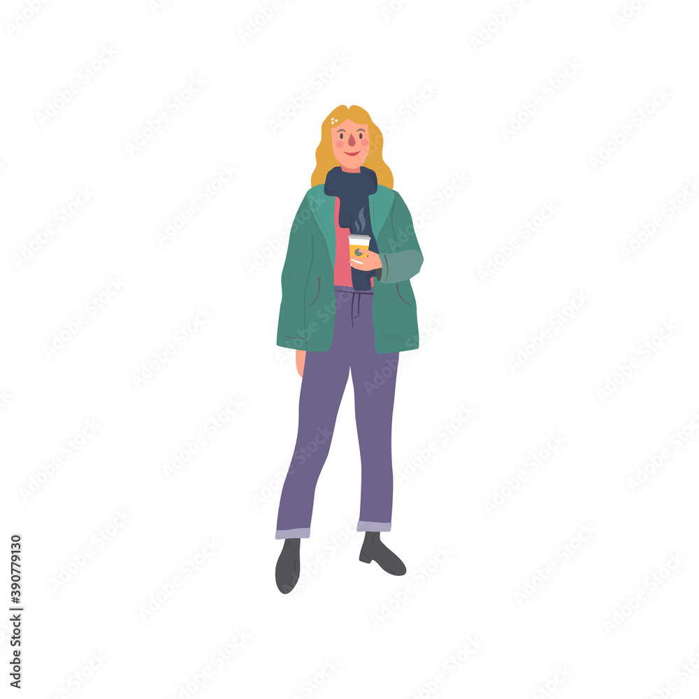 Blonde hair woman carrying cup of hot coffee. Young female in colorful cloth hold hot tea mug. Smiling girl teen wear sweater drinking beverage. Winter concept. Flat style vector illustration. Blonde hair woman carrying cup of hot coffee. Young female in colorful cloth hold hot tea mug. Smiling girl teen wear sweater drinking beverage. Winter concept. Flat style vector illustration.