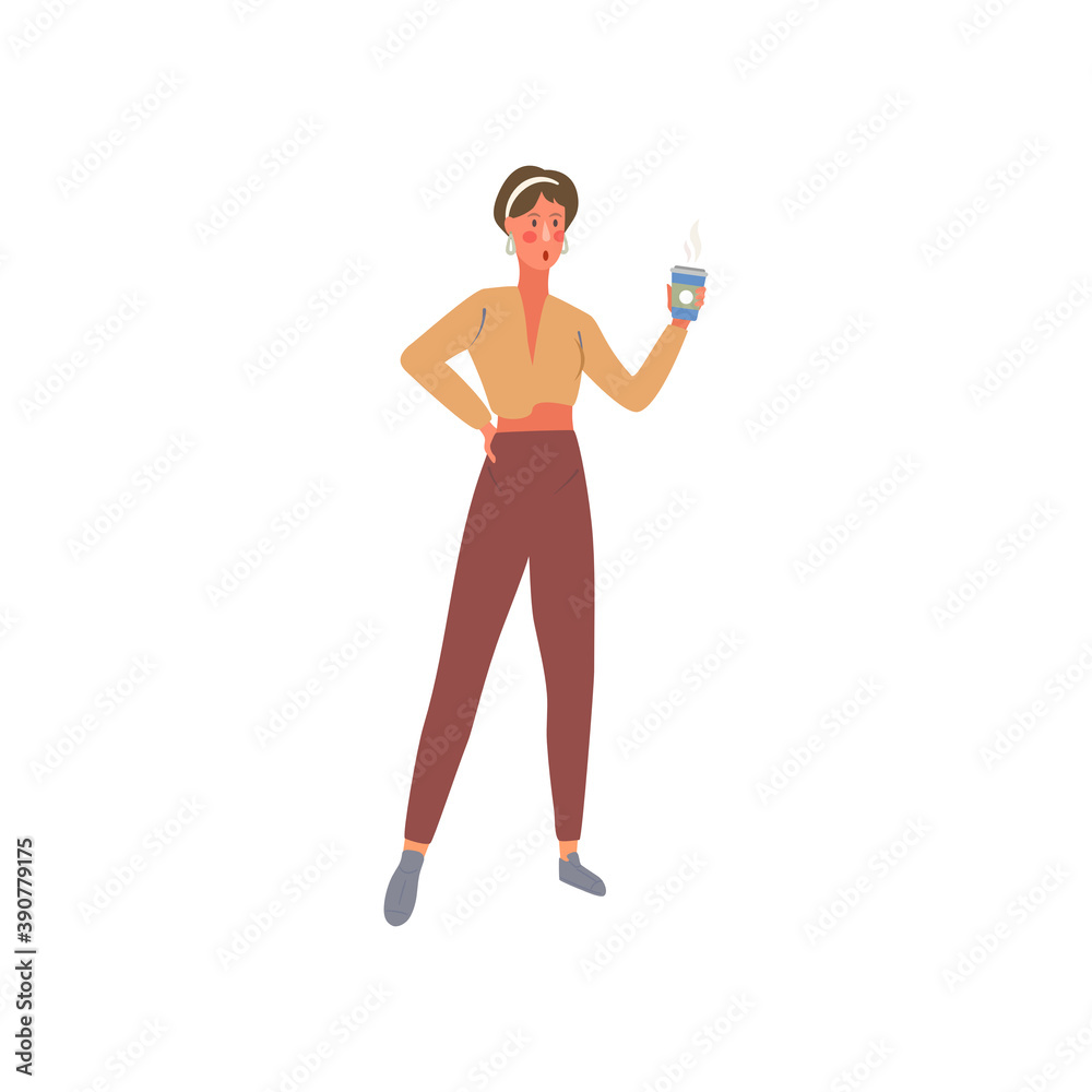 Short hair woman holding cup of tea. Female in active wear blowing a hot coffee. Cute teen drinks beverage after exercise. Flat style character vector illustration.