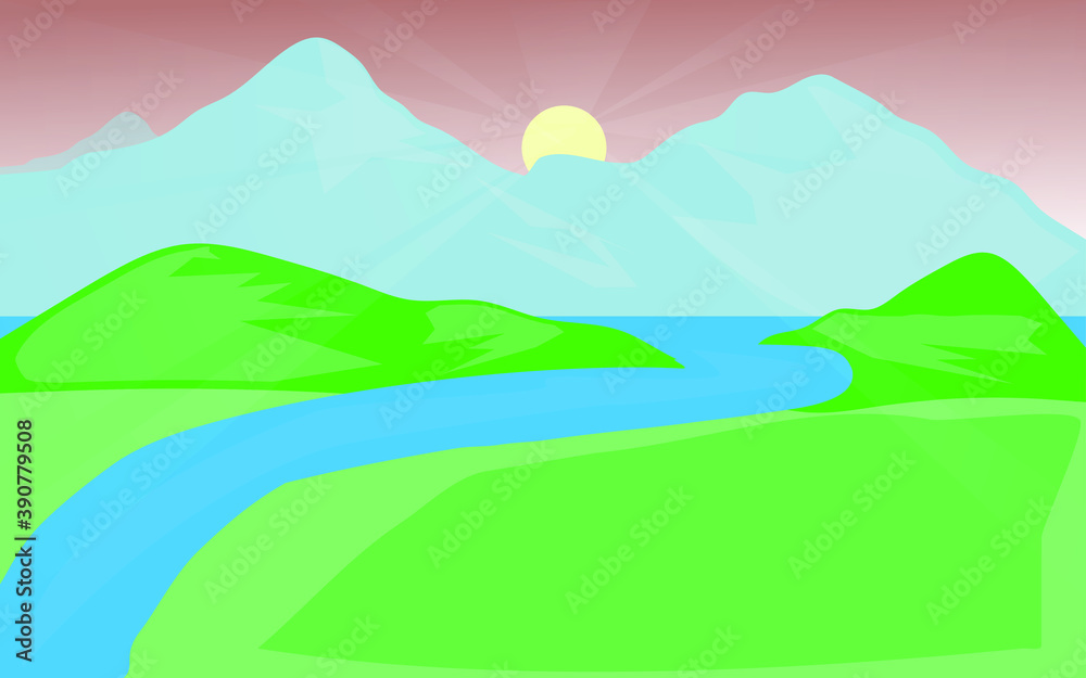 Fototapeta premium sunrise on the mountains and river landscape vector