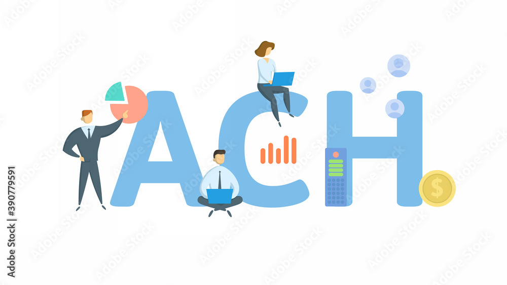 ACH, Automated Clearing House. Concept with keyword, people and icons. Flat vector illustration. Isolated on white background.