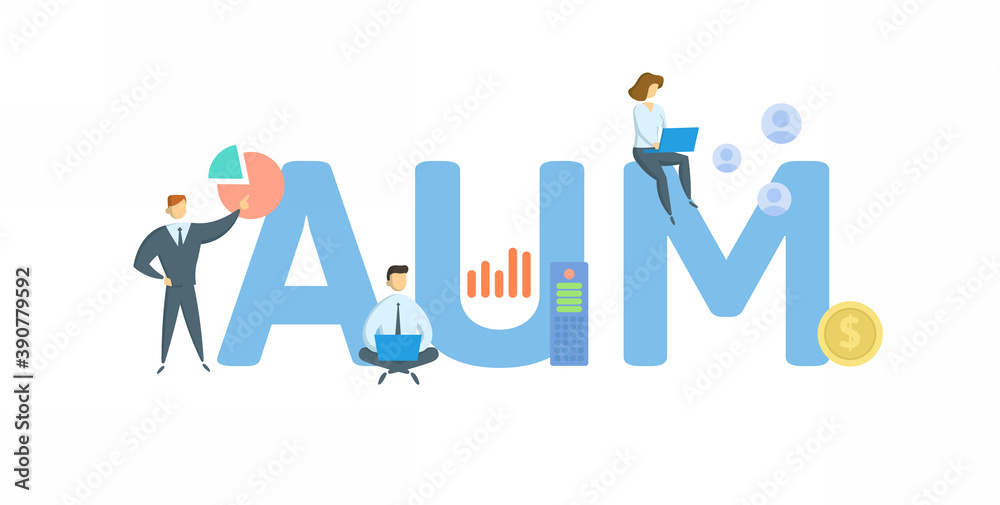 AUM, Assets Under Management. Concept with keyword, people and icons. Flat vector illustration. Isolated on white background.