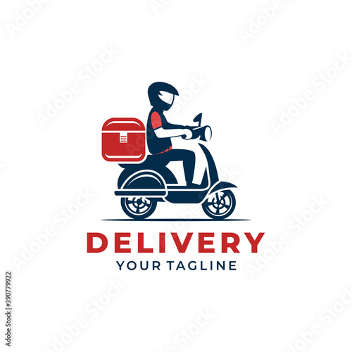 A man is riding a scooter. delivery logo