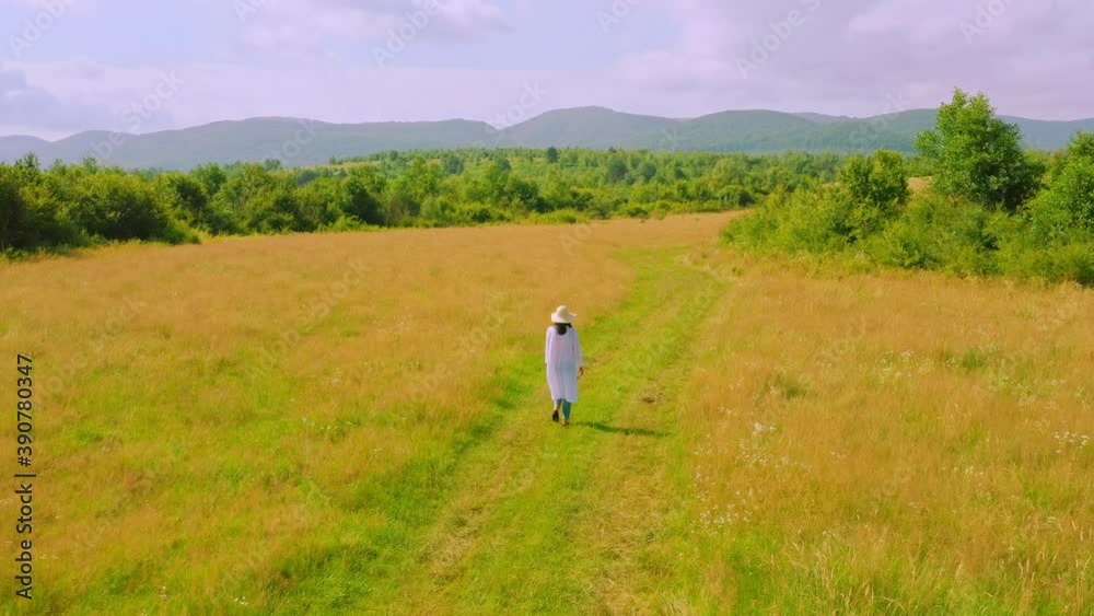 drone moves forward back view woman in white shirt and straw hat walking on the summer meadow enjoy beautiful nature landscape with forest and mountains drone moves forward back view woman in white shirt and straw hat walking on the summer meadow enjoy beautiful nature landscape with forest and mountains