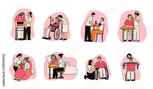elderly care cartoon, doodle drawing style