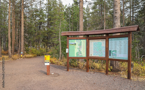 DONNER SUMMIT, CALIFORNIA, UNITED STATES - Oct 08, 2020: Pacific Crest Trail Highway 80 Trailhead