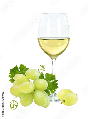 Fresh green grapes and a glass of wine isolated on white background