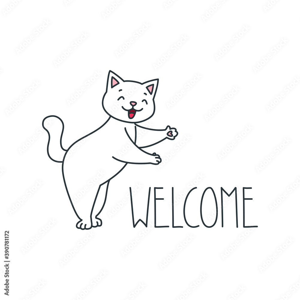 Welcome. Illustration of a cut white cat welcoming. Objects isolated on a white background. Can be used for banners, posters, invitation cards. Vector 8 EPS.