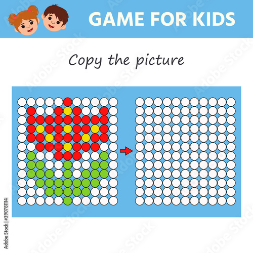 Game for kids with flower. Mosaic. Copy the picture according to the sample. Kids learning material. Preschool worksheet activity. Children funny riddle entertainment. Vector Illustration