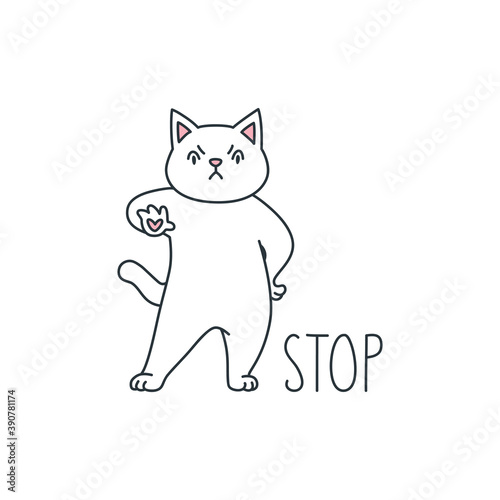 Stop. Illustration of a cut white cat gestures telling to stop. Objects isolated on a white background. Can be used for banners, posters, invitation cards. Vector 8 EPS.