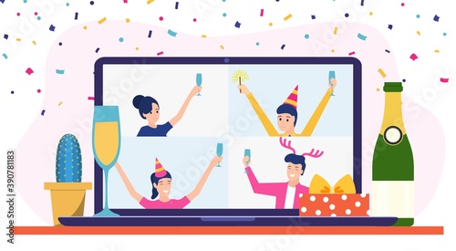 Birthday party online, Conference on a laptop. Quarantine, self-isolation during a pandemic. Online party with laptop and drink. Vector illustration in flat style.