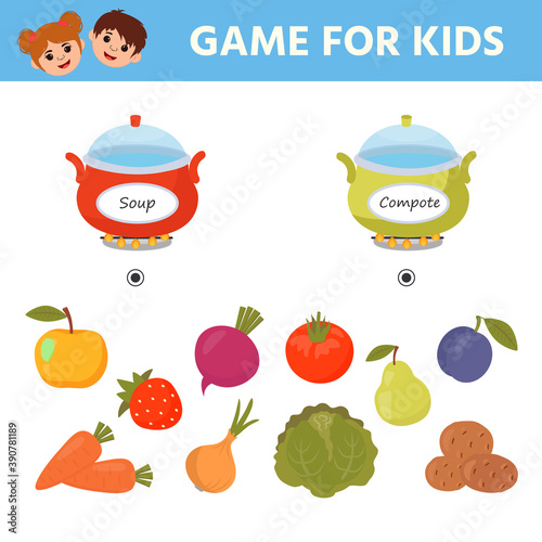 Game for kids with fruits and vegetables. Find the ingredients for making soup and compote. Kids learning material. Preschool worksheet activity. Children funny riddle entertainment.
