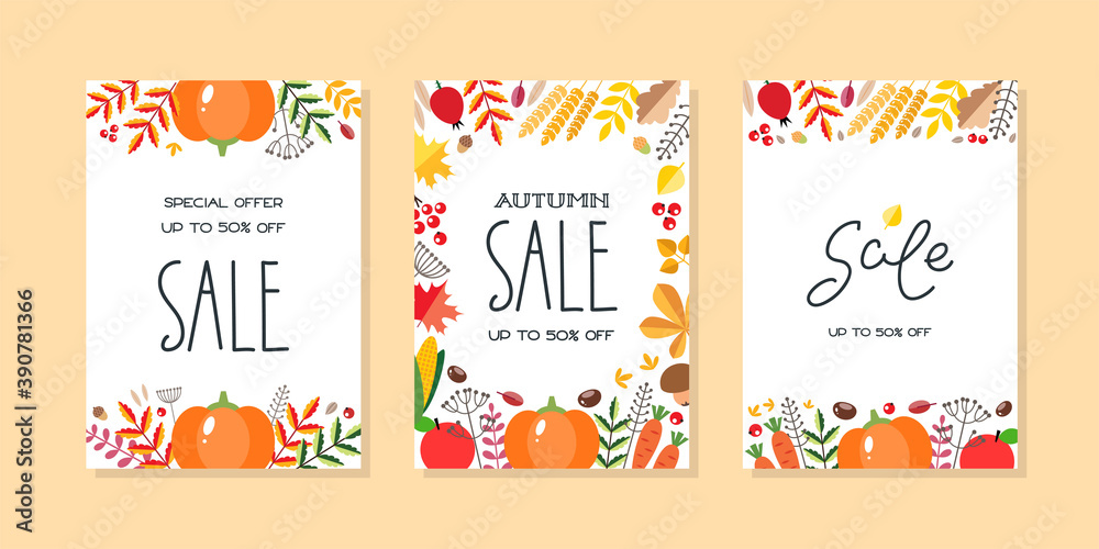 Autumn Sale. Set of harvest backgrounds with vegetables, berries, autumn leaves and plants. Vector illustration 10 EPS.