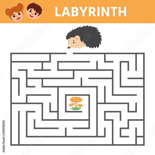 Maze. Game for kids. Find the right path from Hedgehog to mushroom.  Preschool worksheet activity. Children funny riddle entertainment with cute hedgehog. Vector Illustration